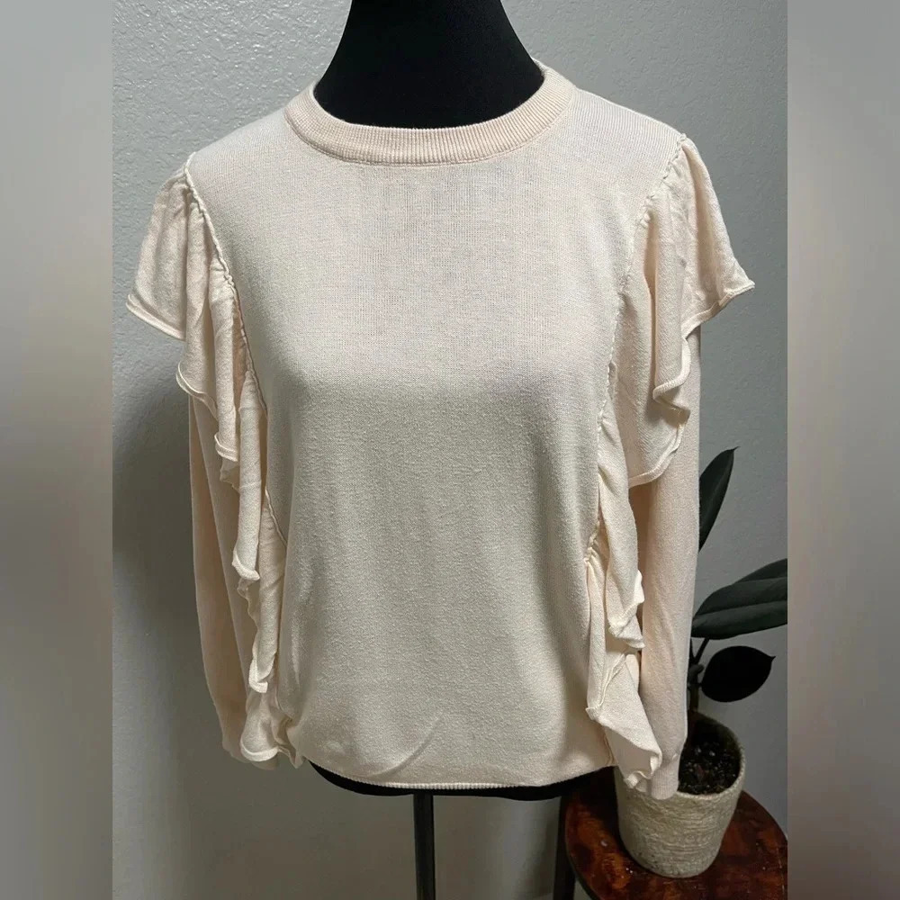 Lumiere Crewneck Light Pink Knitted Sweater with Ruffle Details Size Large